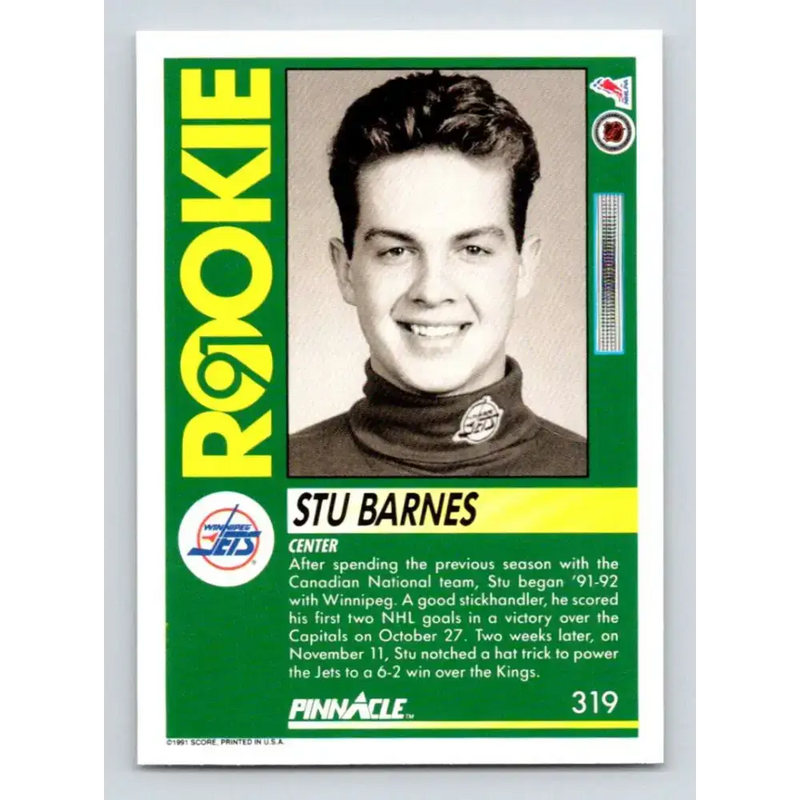 1991-92 Pinnacle #319 Stu Barnes NM-MT Winnipeg Jets Hockey Card - Hockey Card Single