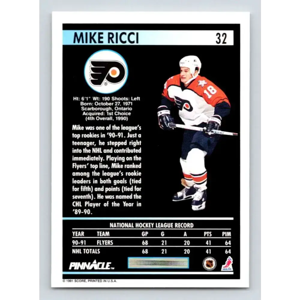 1991-92 Pinnacle #32 Mike Ricci NM-MT Philadelphia Flyers Hockey Card - Hockey Card Single