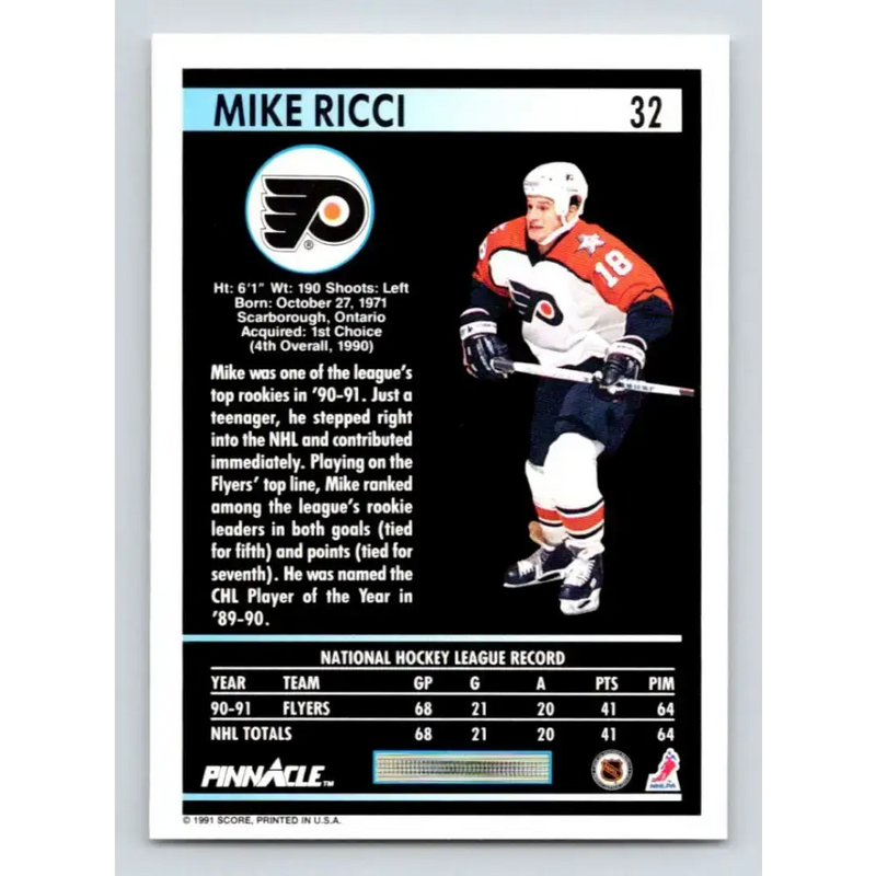1991-92 Pinnacle #32 Mike Ricci NM-MT Philadelphia Flyers Hockey Card - Hockey Card Single