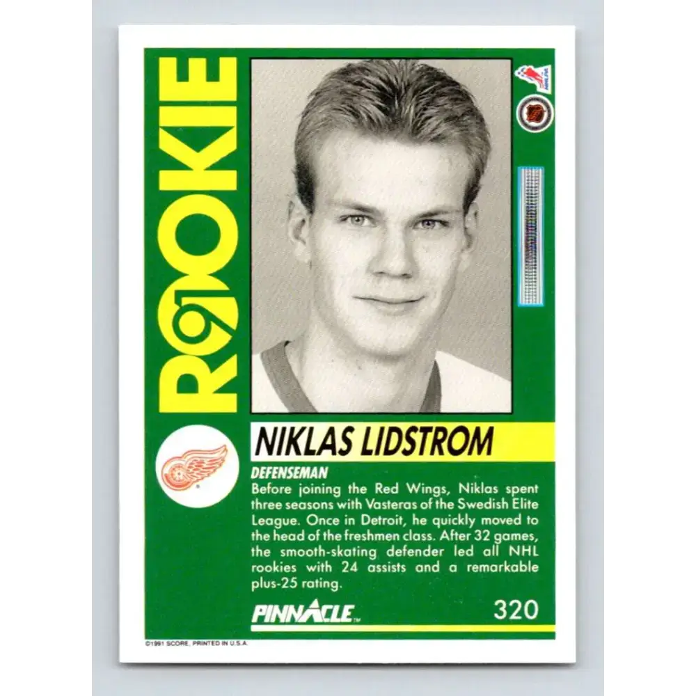 1991-92 Pinnacle #320 Nicklas Lidstrom NM-MT RC Rookie Detroit Red Wings Hockey Card - Hockey Card Single