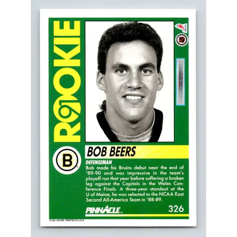 1991-92 Pinnacle #326 Bob Beers NM-MT Boston Bruins Hockey Card - Hockey Card Single