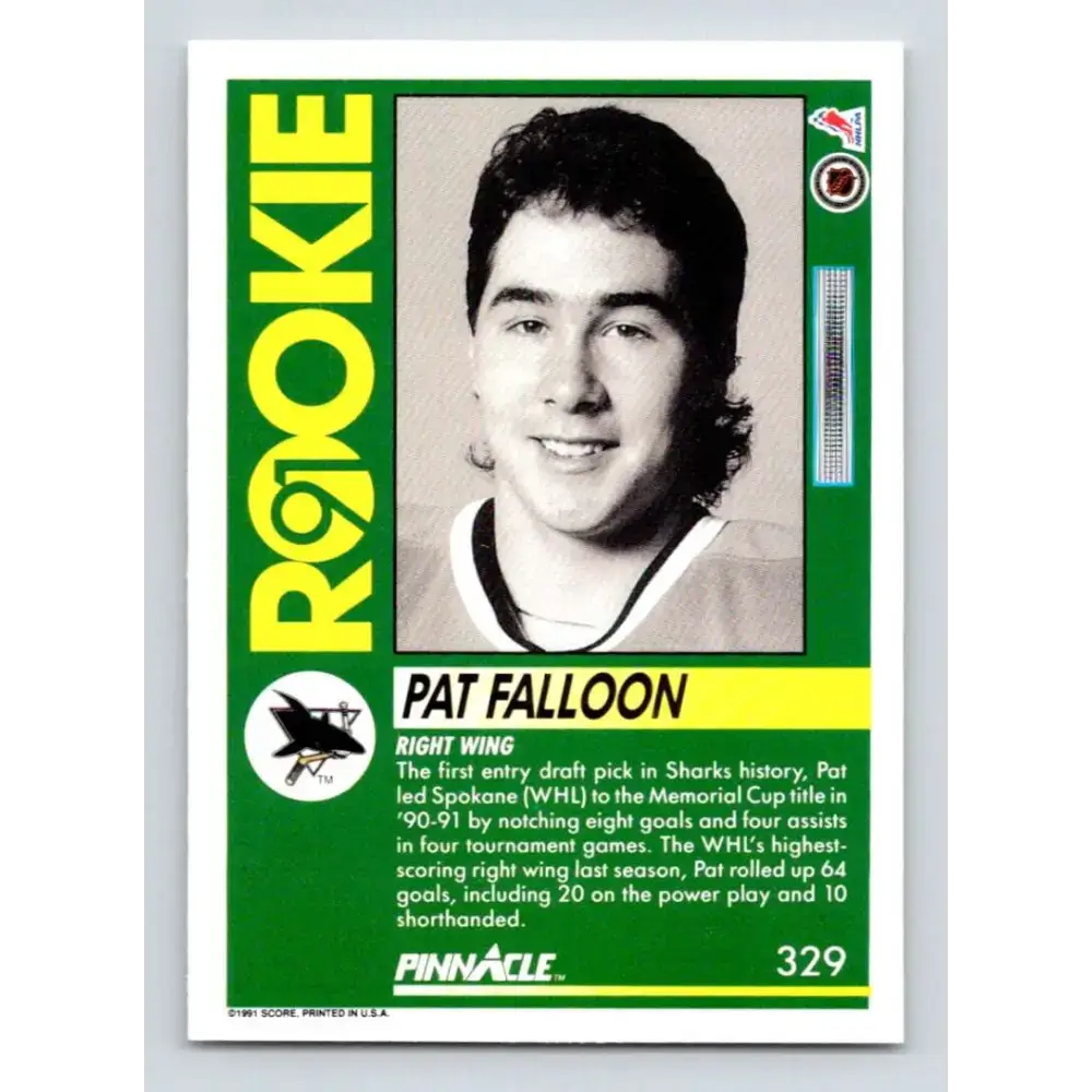 1991-92 Pinnacle #329 Pat Falloon NM-MT San Jose Sharks Hockey Card - Hockey Card Single