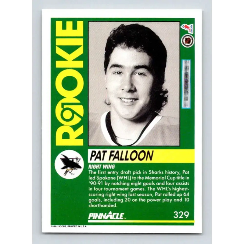 1991-92 Pinnacle #329 Pat Falloon NM-MT San Jose Sharks Hockey Card - Hockey Card Single