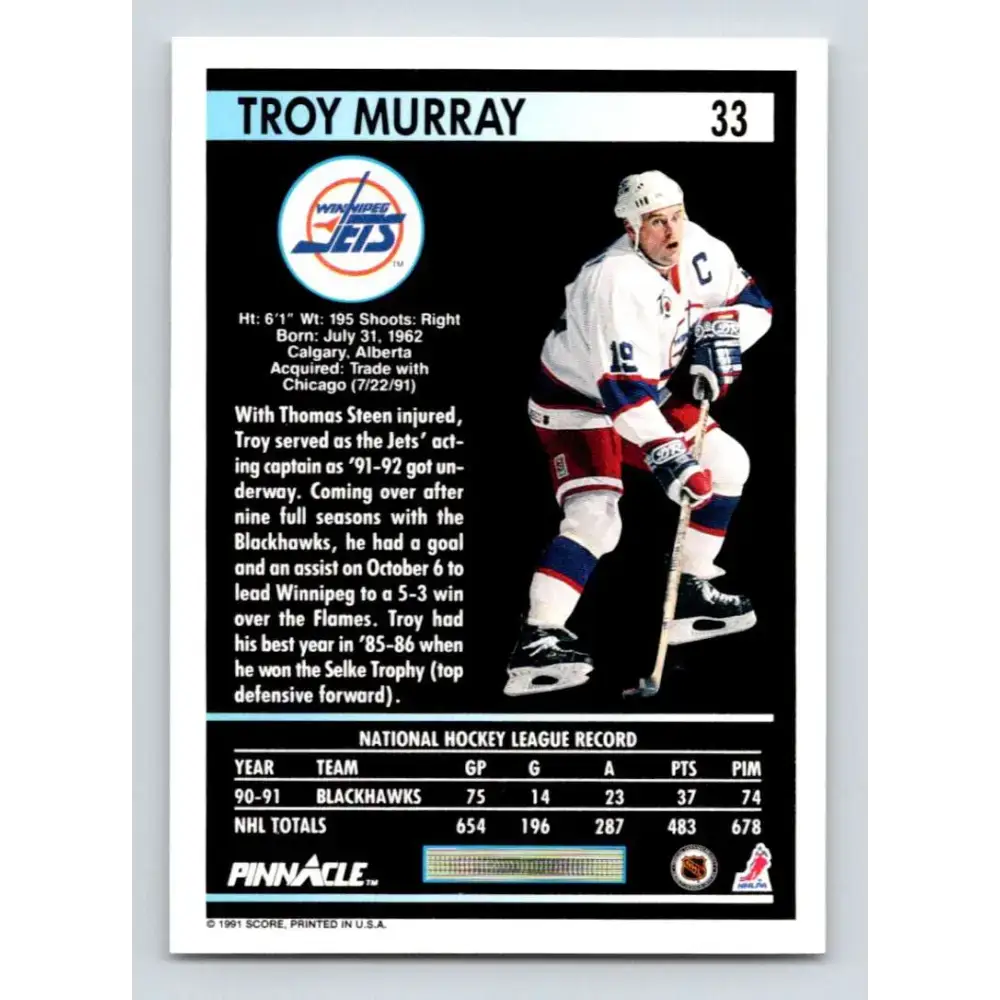 1991-92 Pinnacle #33 Troy Murray NM-MT Winnipeg Jets Hockey Card - Hockey Card Single