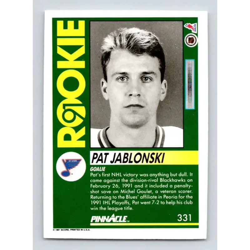 1991-92 Pinnacle #331 Pat Jablonski NM-MT RC Rookie St. Louis Blues Hockey Card - Hockey Card Single