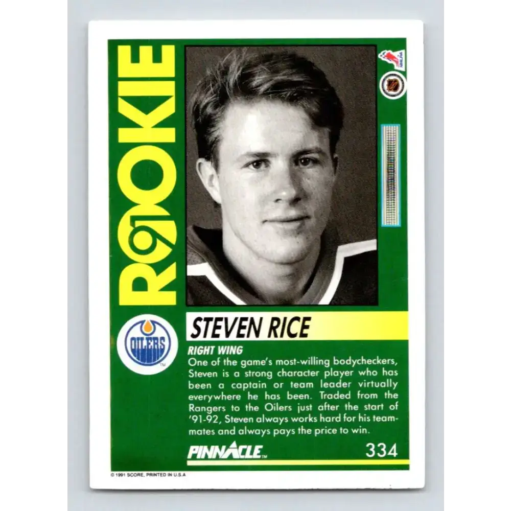 1991-92 Pinnacle #334 Steven Rice NM-MT Edmonton Oilers Hockey Card - Hockey Card Single