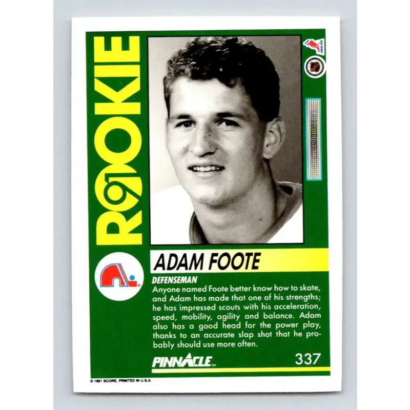 1991-92 Pinnacle #337 Adam Foote NM-MT RC Rookie Quebec Nordiques Hockey Card - Hockey Card Single