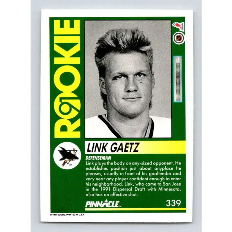 1991-92 Pinnacle #339 Link Gaetz NM-MT San Jose Sharks Hockey Card - Hockey Card Single