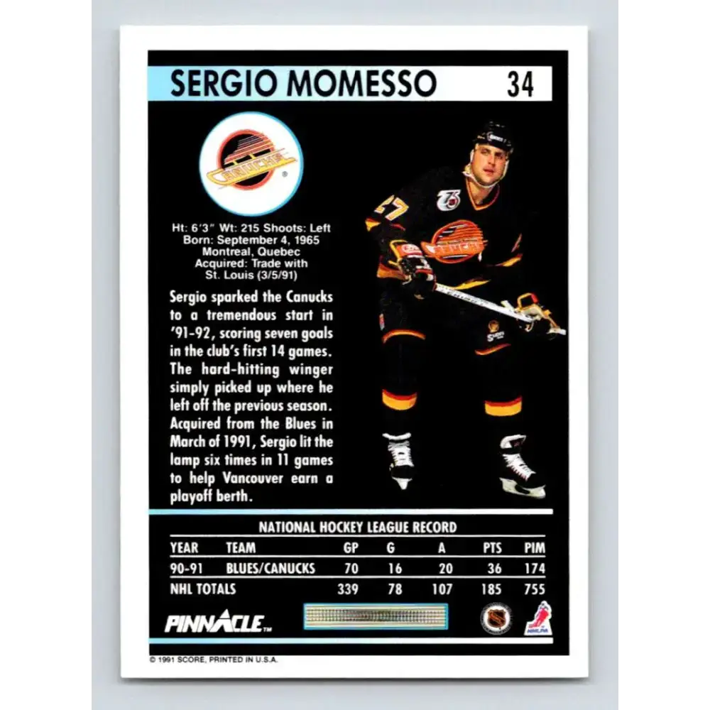 1991-92 Pinnacle #34 Sergio Momesso NM-MT Vancouver Canucks Hockey Card - Hockey Card Single