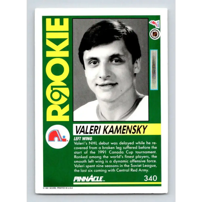 1991-92 Pinnacle #340 Valeri Kamensky NM-MT RC Rookie Quebec Nordiques Hockey Card - Hockey Card Single