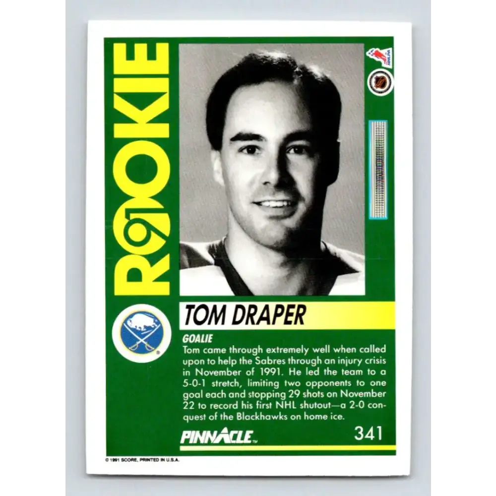 1991-92 Pinnacle #341 Tom Draper NM-MT RC Rookie Buffalo Sabres Hockey Card - Hockey Card Single