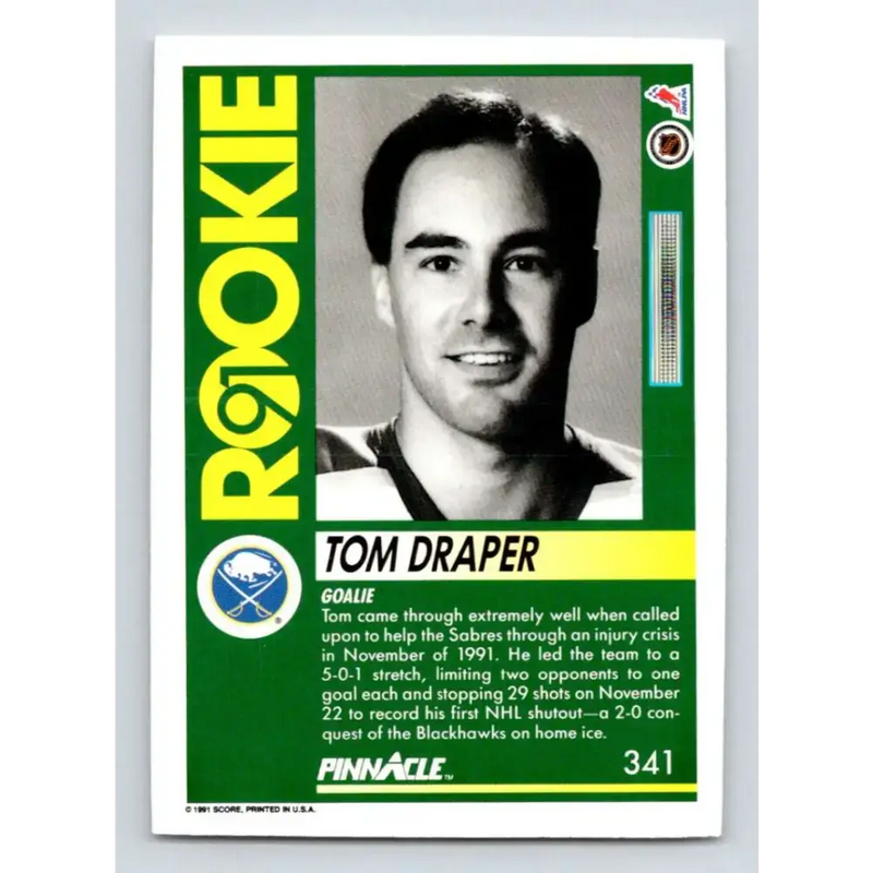 1991-92 Pinnacle #341 Tom Draper NM-MT RC Rookie Buffalo Sabres Hockey Card - Hockey Card Single