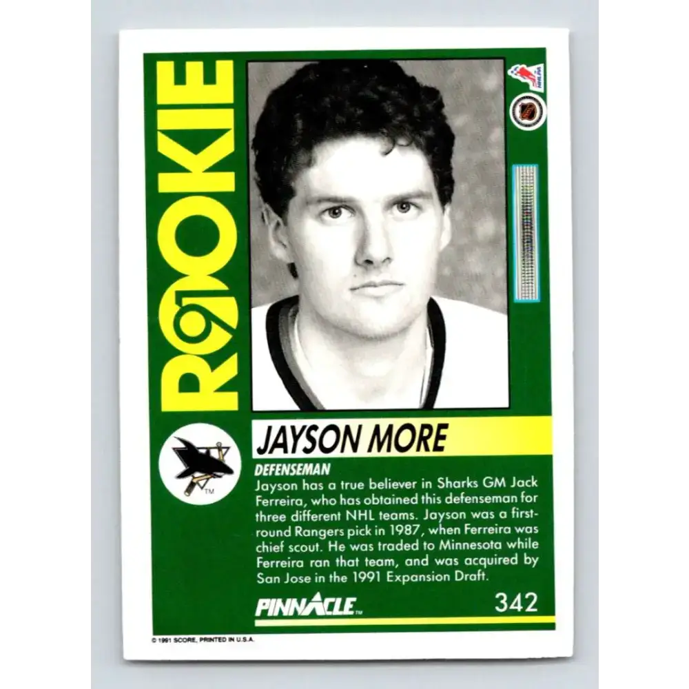 1991-92 Pinnacle #342 Jayson More NM-MT RC Rookie San Jose Sharks Hockey Card - Hockey Card Single