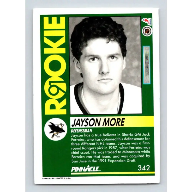 1991-92 Pinnacle #342 Jayson More NM-MT RC Rookie San Jose Sharks Hockey Card - Hockey Card Single