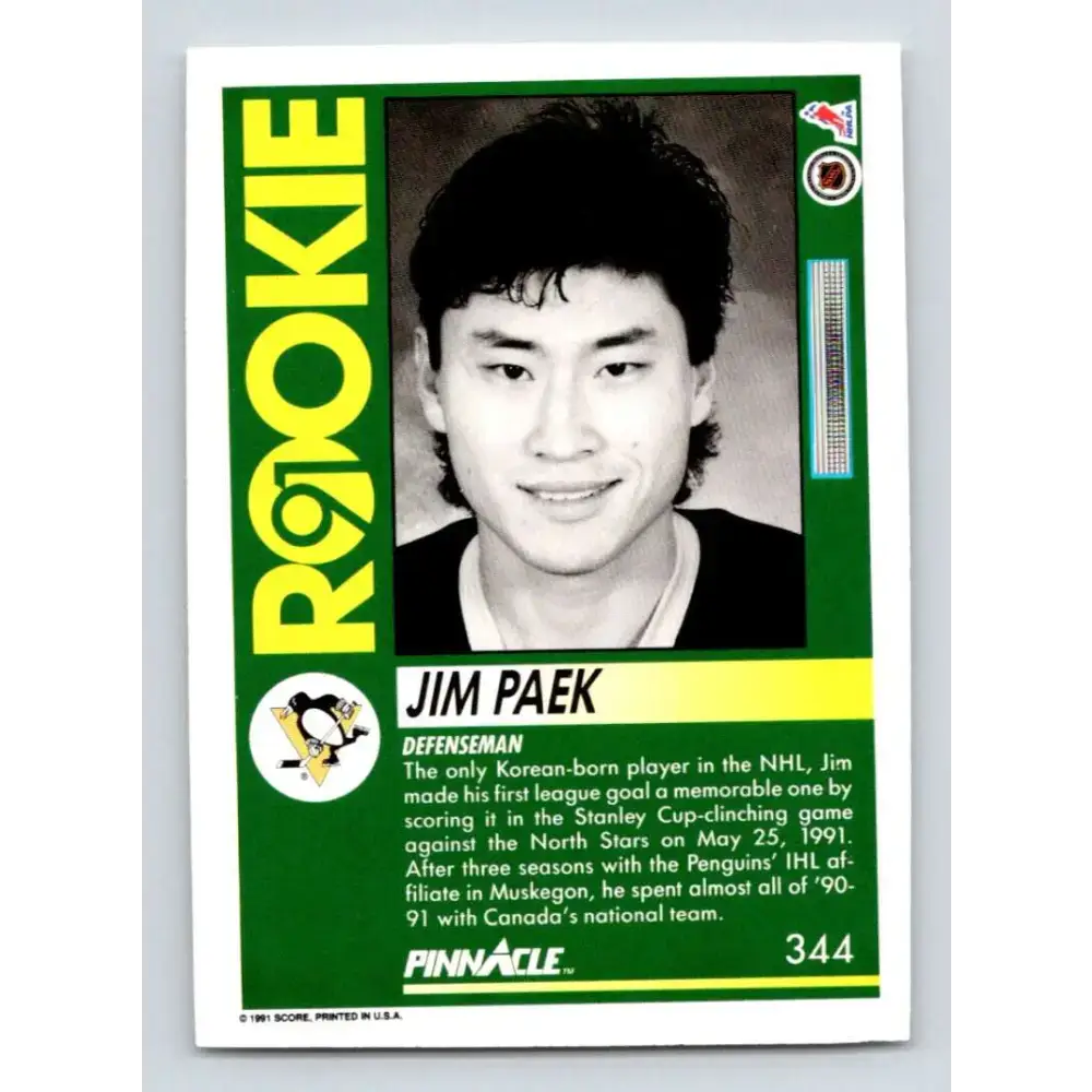 1991-92 Pinnacle #344 Jim Paek NM-MT RC Rookie Pittsburgh Penguins Hockey Card - Hockey Card Single