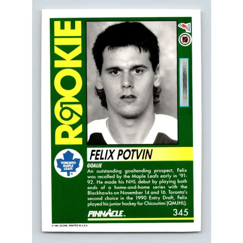 1991-92 Pinnacle #345 Felix Potvin NM-MT Toronto Maple Leafs Hockey Card - Hockey Card Single