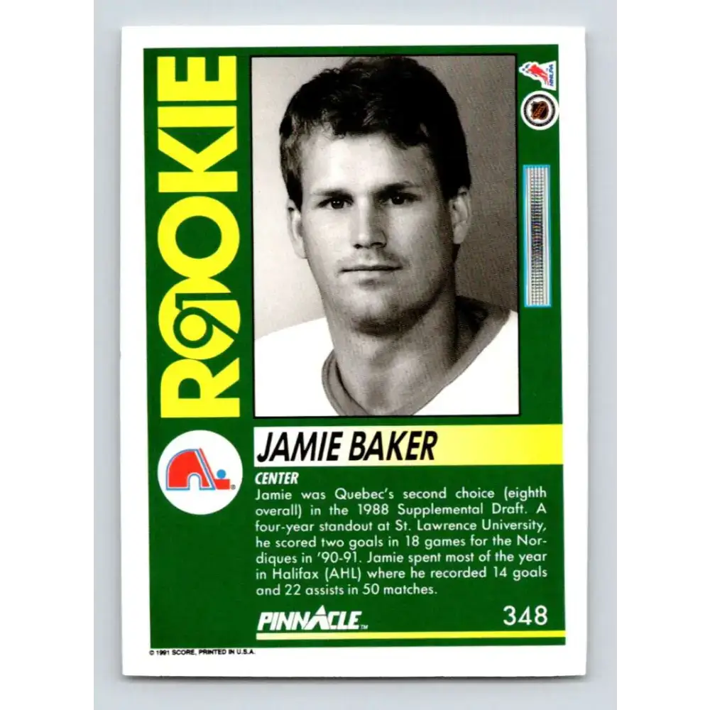 1991-92 Pinnacle #348 Jamie Baker NM-MT RC Rookie Quebec Nordiques Hockey Card - Hockey Card Single