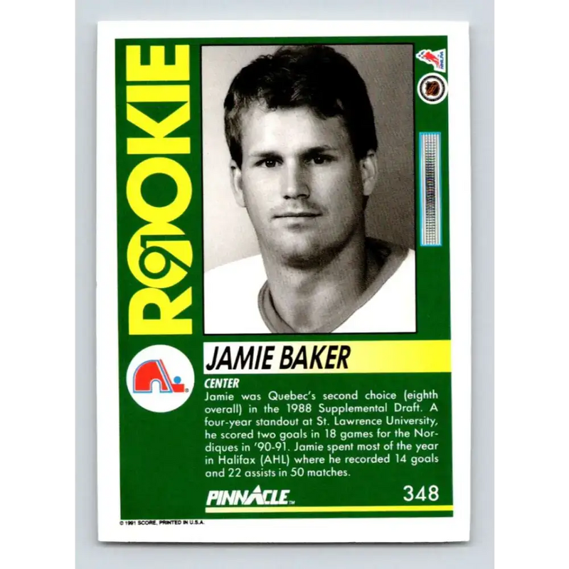 1991-92 Pinnacle #348 Jamie Baker NM-MT RC Rookie Quebec Nordiques Hockey Card - Hockey Card Single