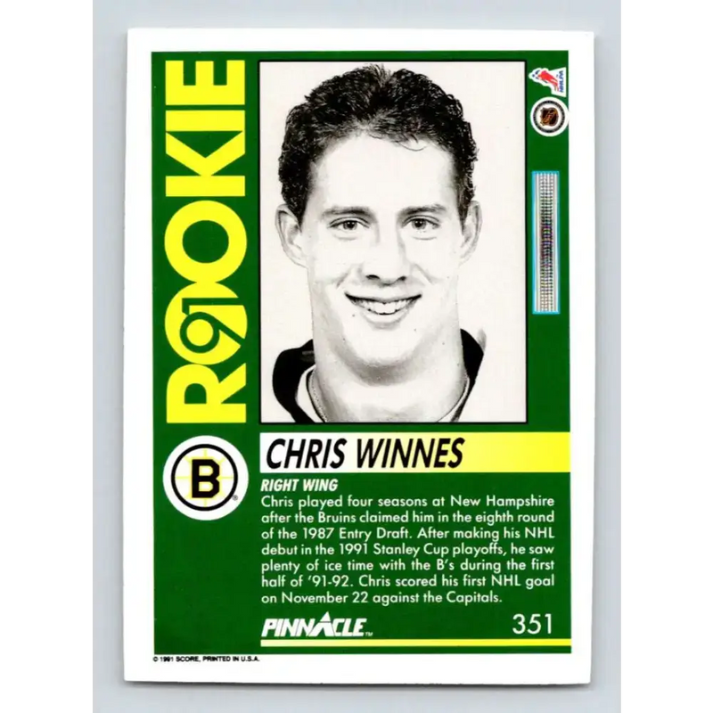 1991-92 Pinnacle #351 Chris Winnes NM-MT RC Rookie Boston Bruins Hockey Card - Hockey Card Single