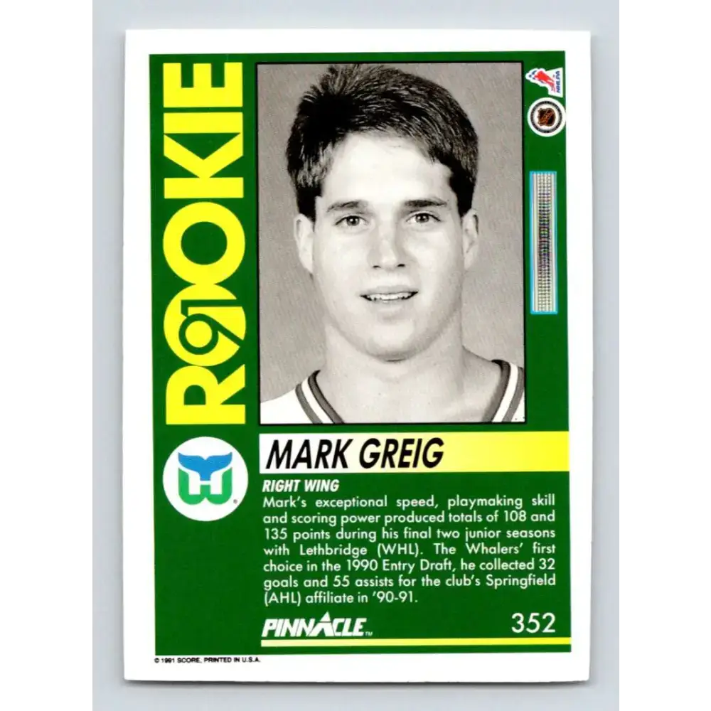 1991-92 Pinnacle #352 Mark Greig NM-MT Hartford Whalers Hockey Card - Hockey Card Single
