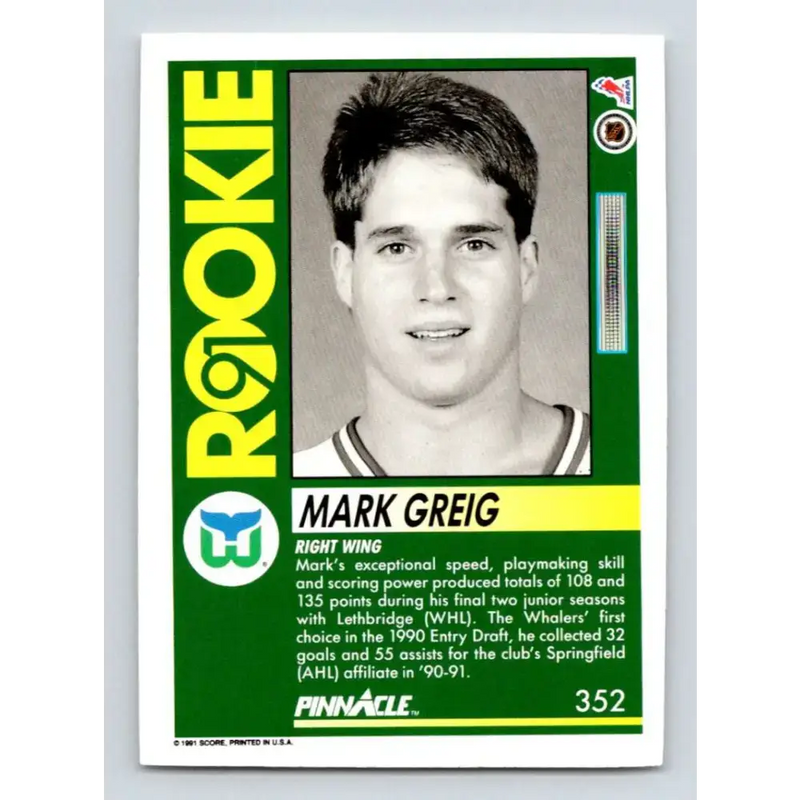1991-92 Pinnacle #352 Mark Greig NM-MT Hartford Whalers Hockey Card - Hockey Card Single