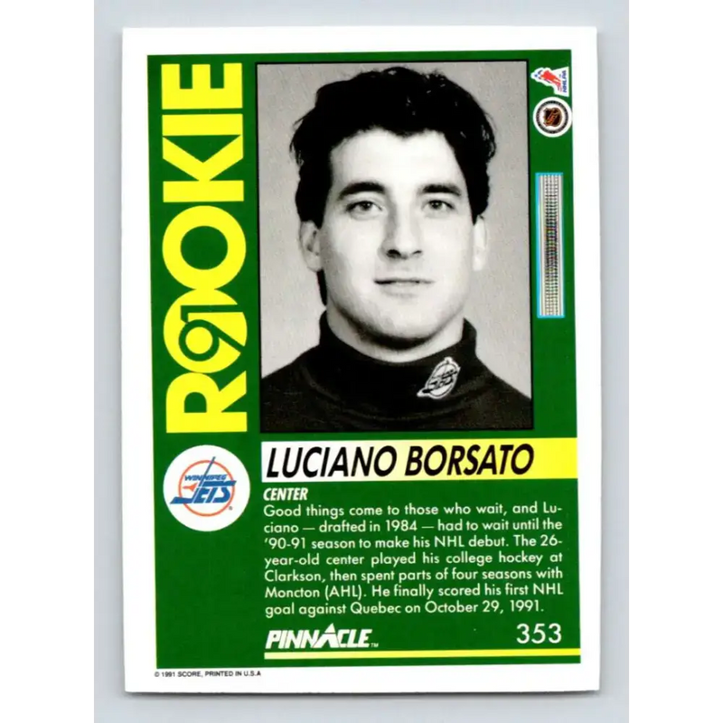 1991-92 Pinnacle #353 Luciano Borsato NM-MT RC Rookie Winnipeg Jets Hockey Card - Hockey Card Single