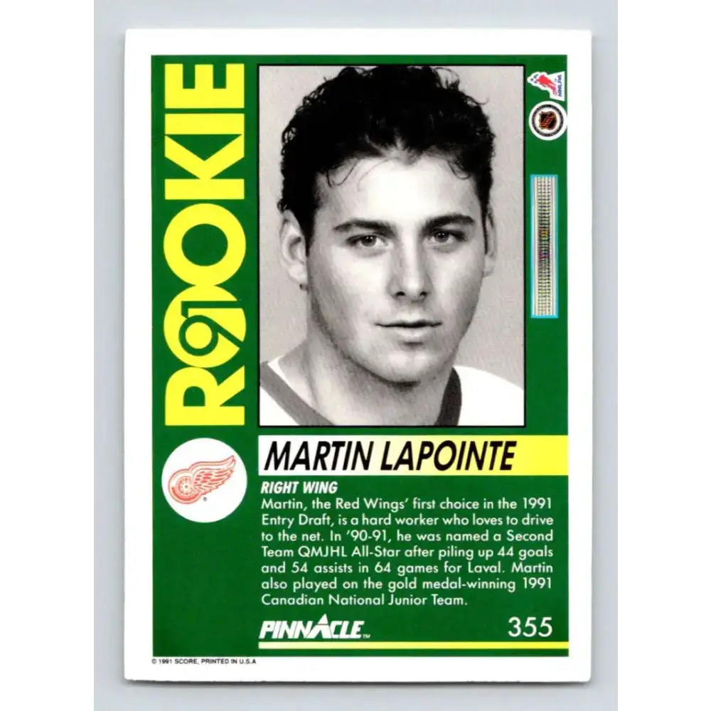 1991-92 Pinnacle #355 Martin Lapointe NM-MT Detroit Red Wings Hockey Card - Hockey Card Single