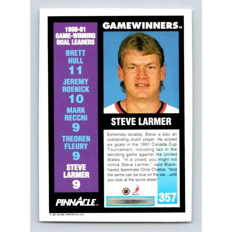 1991-92 Pinnacle #357 Steve Larmer NM-MT Chicago Blackhawks Hockey Card - Hockey Card Single