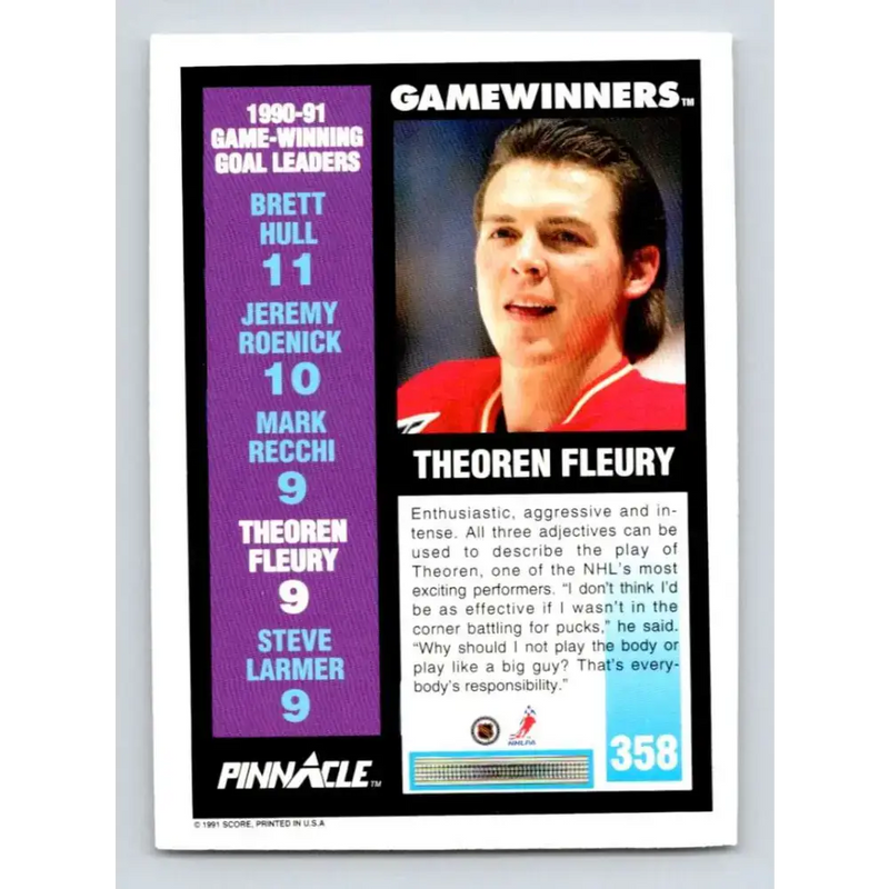 1991-92 Pinnacle #358 Theo Fleury NM-MT Calgary Flames Hockey Card - Hockey Card Single