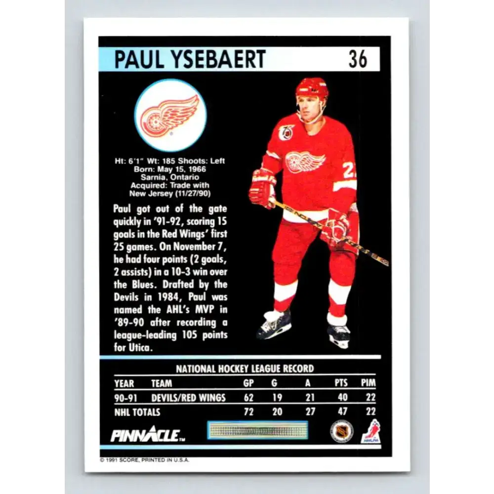 1991-92 Pinnacle #36 Paul Ysebaert NM-MT Detroit Red Wings Hockey Card - Hockey Card Single