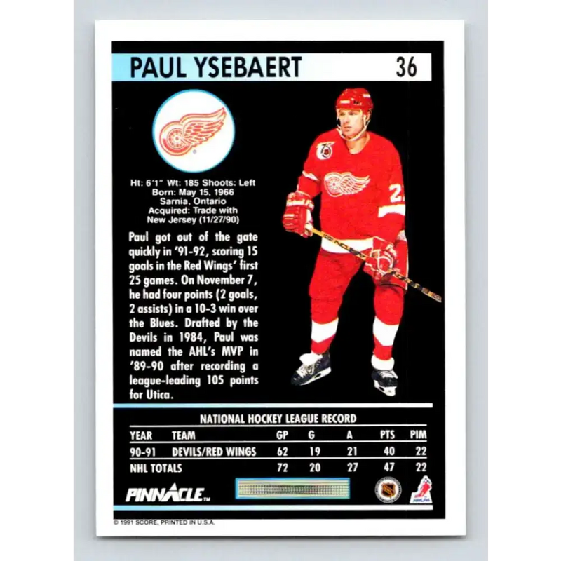 1991-92 Pinnacle #36 Paul Ysebaert NM-MT Detroit Red Wings Hockey Card - Hockey Card Single