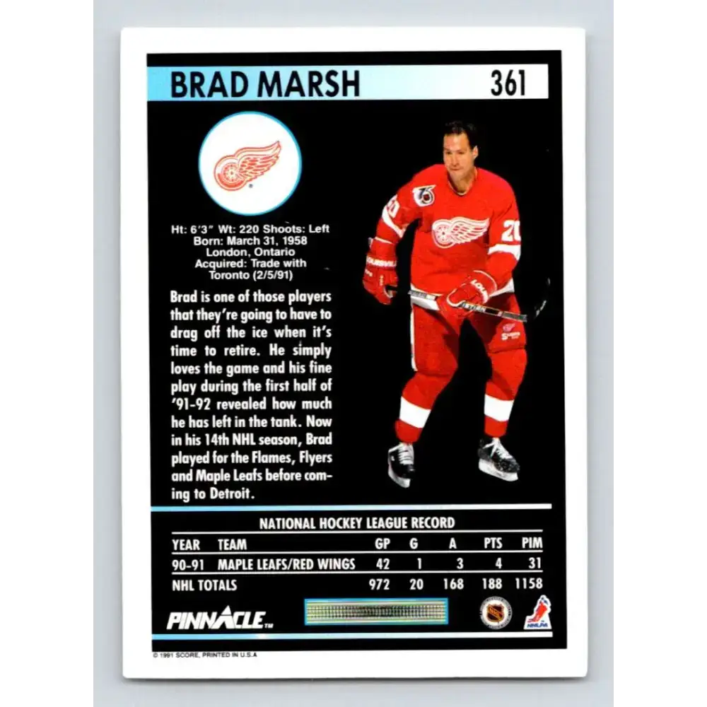1991-92 Pinnacle #361 Brad Marsh NM-MT Detroit Red Wings Hockey Card - Hockey Card Single