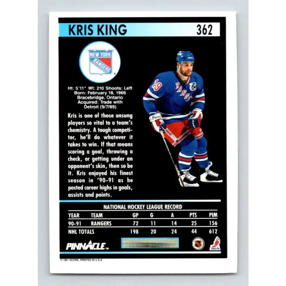 1991-92 Pinnacle #362 Kris King NM-MT New York Rangers Hockey Card - Hockey Card Single