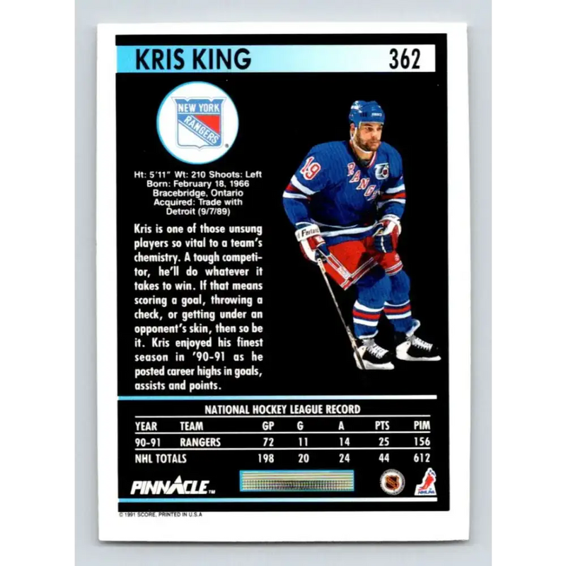 1991-92 Pinnacle #362 Kris King NM-MT New York Rangers Hockey Card - Hockey Card Single