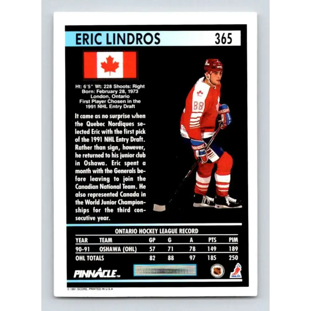 1991-92 Pinnacle #365 Eric Lindros NM-MT Hockey Card - Hockey Card Single