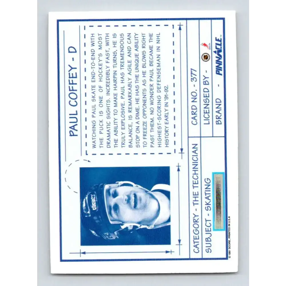 1991-92 Pinnacle #377 Paul Coffey TECH NM-MT Pittsburgh Penguins Hockey Card - Hockey Card Single