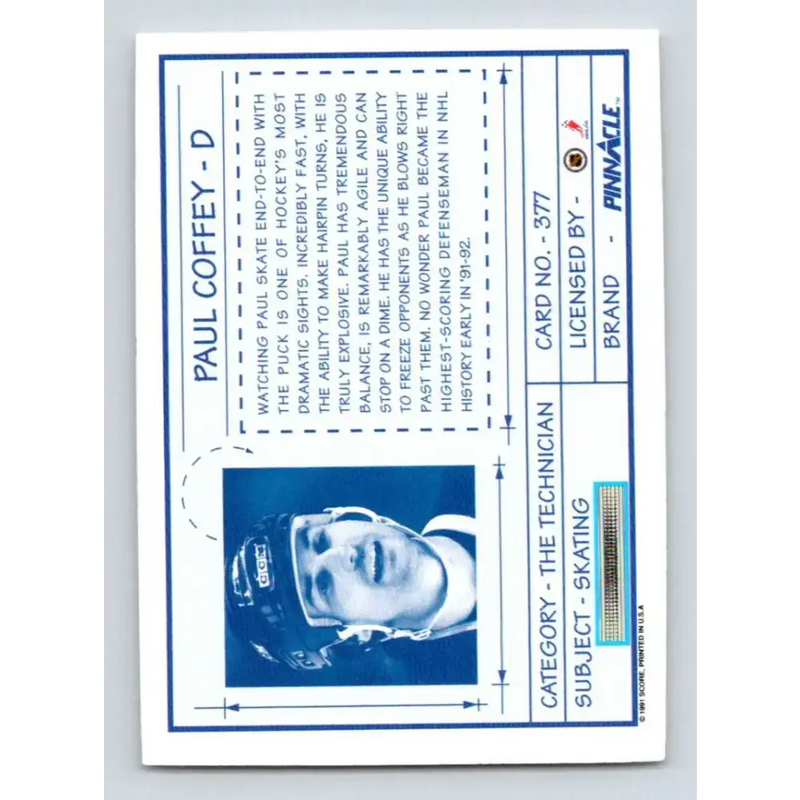1991-92 Pinnacle #377 Paul Coffey TECH NM-MT Pittsburgh Penguins Hockey Card - Hockey Card Single