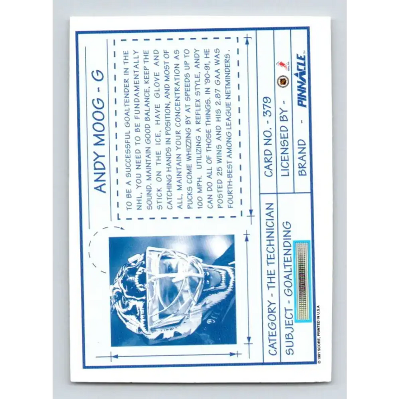 1991-92 Pinnacle #379 Andy Moog TECH NM-MT Boston Bruins Hockey Card - Hockey Card Single