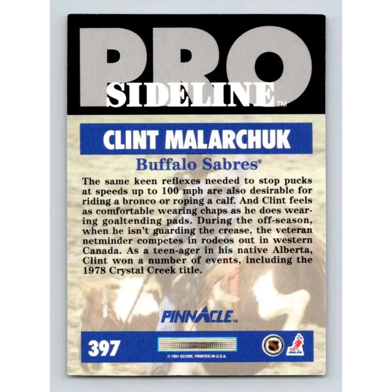 1991-92 Pinnacle #397 Clint Malarchuk SL NM-MT Buffalo Sabres Hockey Card - Hockey Card Single