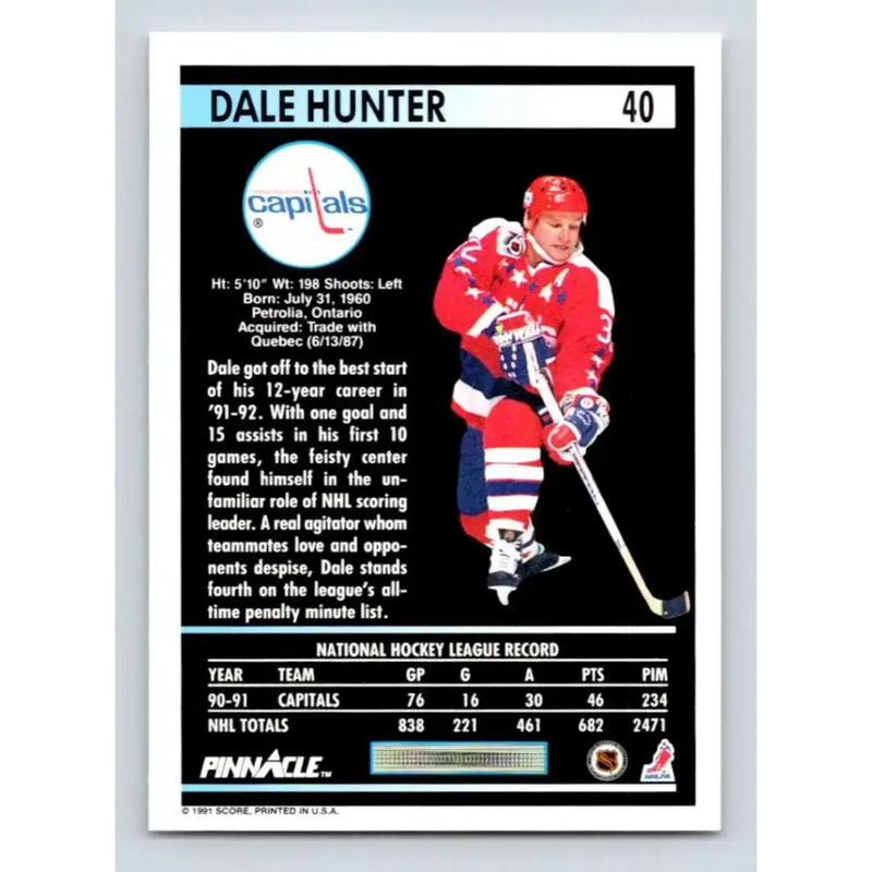 1991-92 Pinnacle #40 Dale Hunter NM-MT Washington Capitals Hockey Card - Hockey Card Single