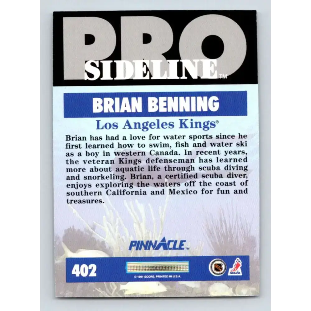 1991-92 Pinnacle #402 Brian Benning SL NM-MT Los Angeles Kings Hockey Card - Hockey Card Single