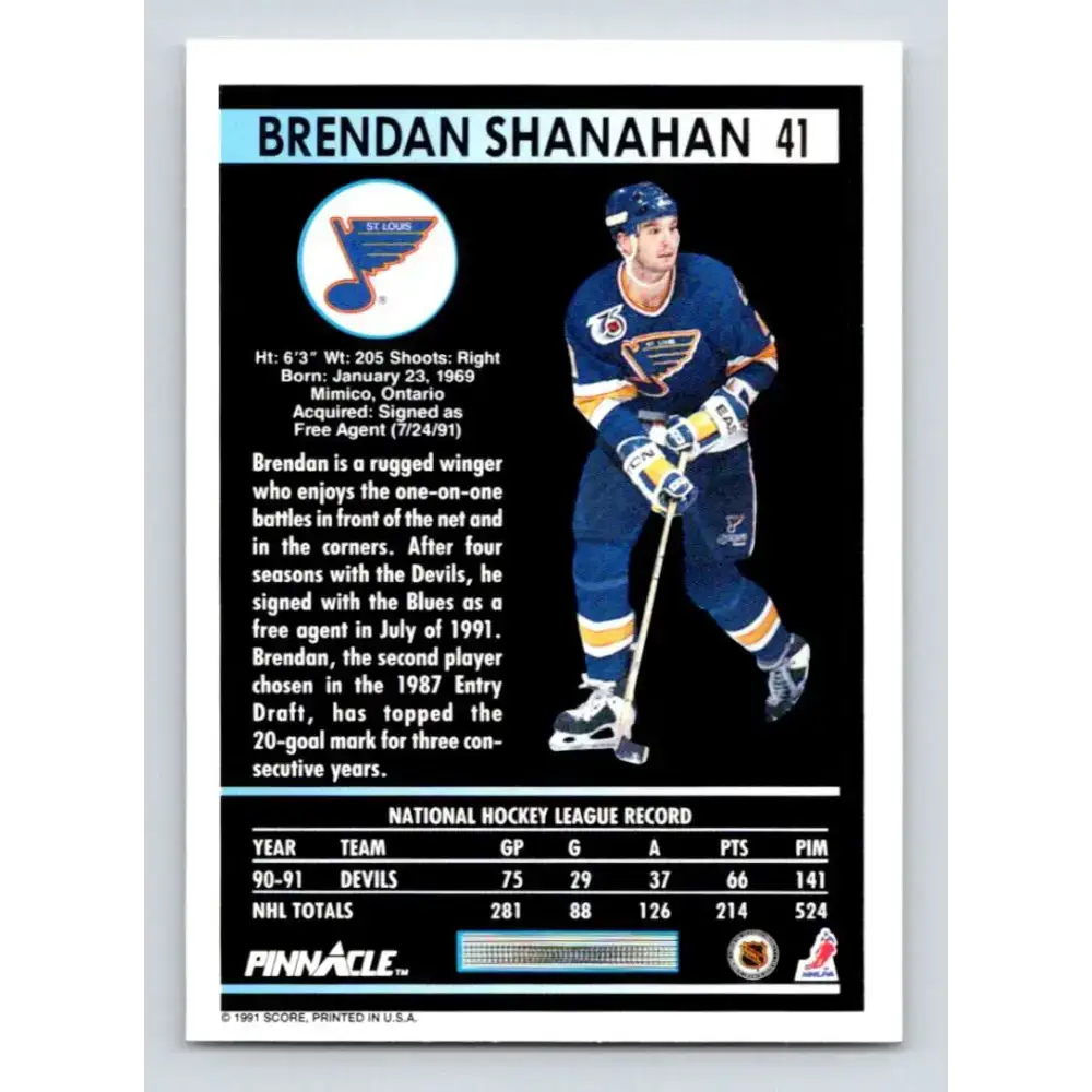1991-92 Pinnacle #41 Brendan Shanahan NM-MT St. Louis Blues Hockey Card - Hockey Card Single