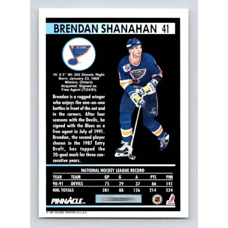 1991-92 Pinnacle #41 Brendan Shanahan NM-MT St. Louis Blues Hockey Card - Hockey Card Single