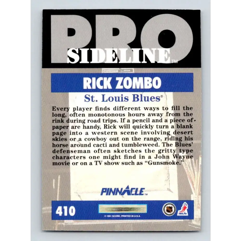 1991-92 Pinnacle #410 Rick Zombo SL NM-MT St. Louis Blues Hockey Card - Hockey Card Single