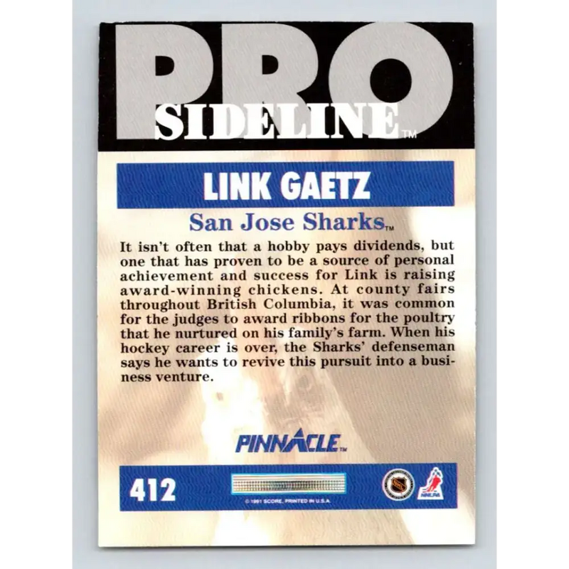 1991-92 Pinnacle #412 Link Gaetz SL NM-MT San Jose Sharks Hockey Card - Hockey Card Single