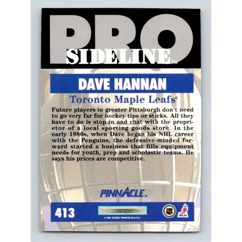 1991-92 Pinnacle #413 Dave Hannan SL NM-MT Toronto Maple Leafs Hockey Card - Hockey Card Single