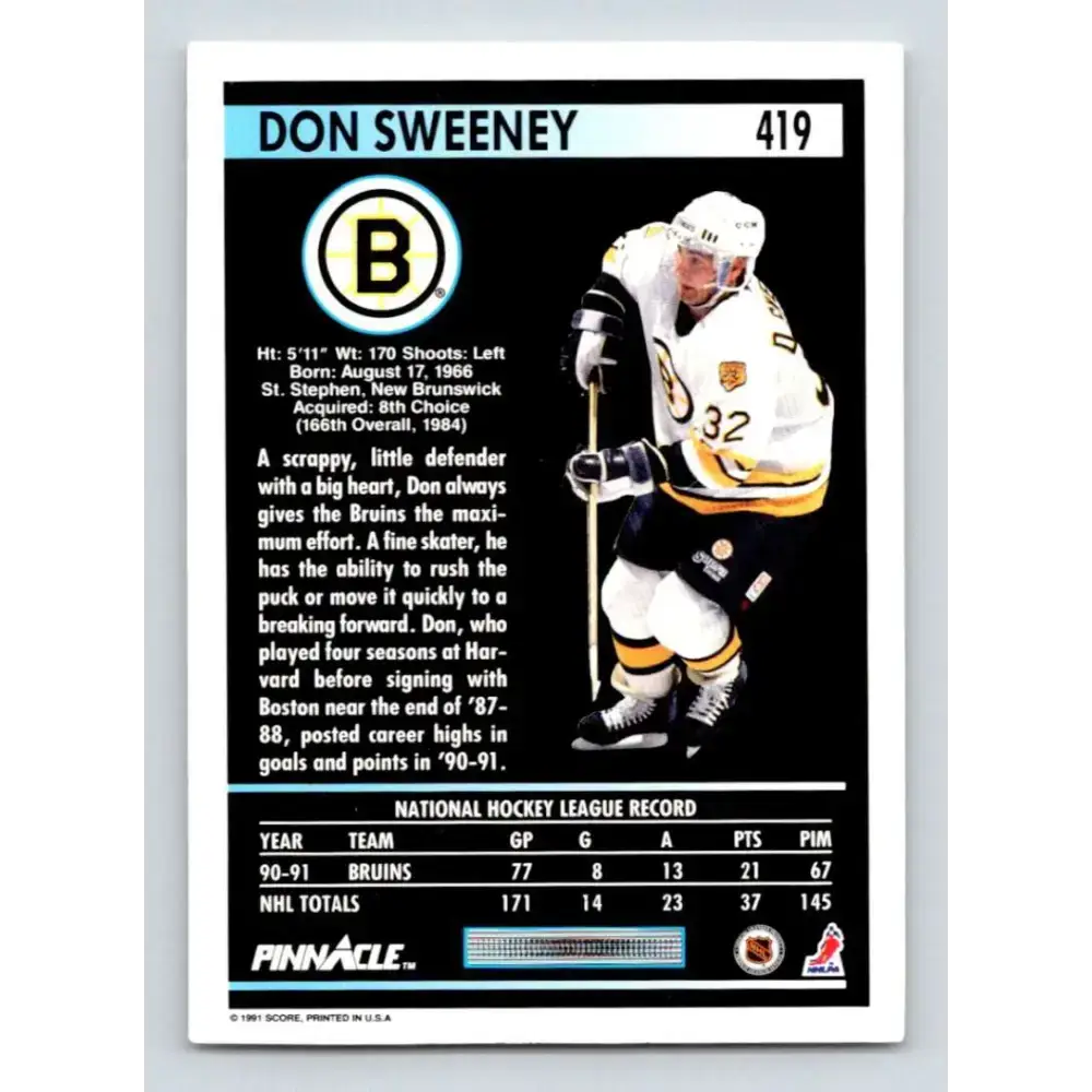 1991-92 Pinnacle #419 Don Sweeney NM-MT Boston Bruins Hockey Card - Hockey Card Single
