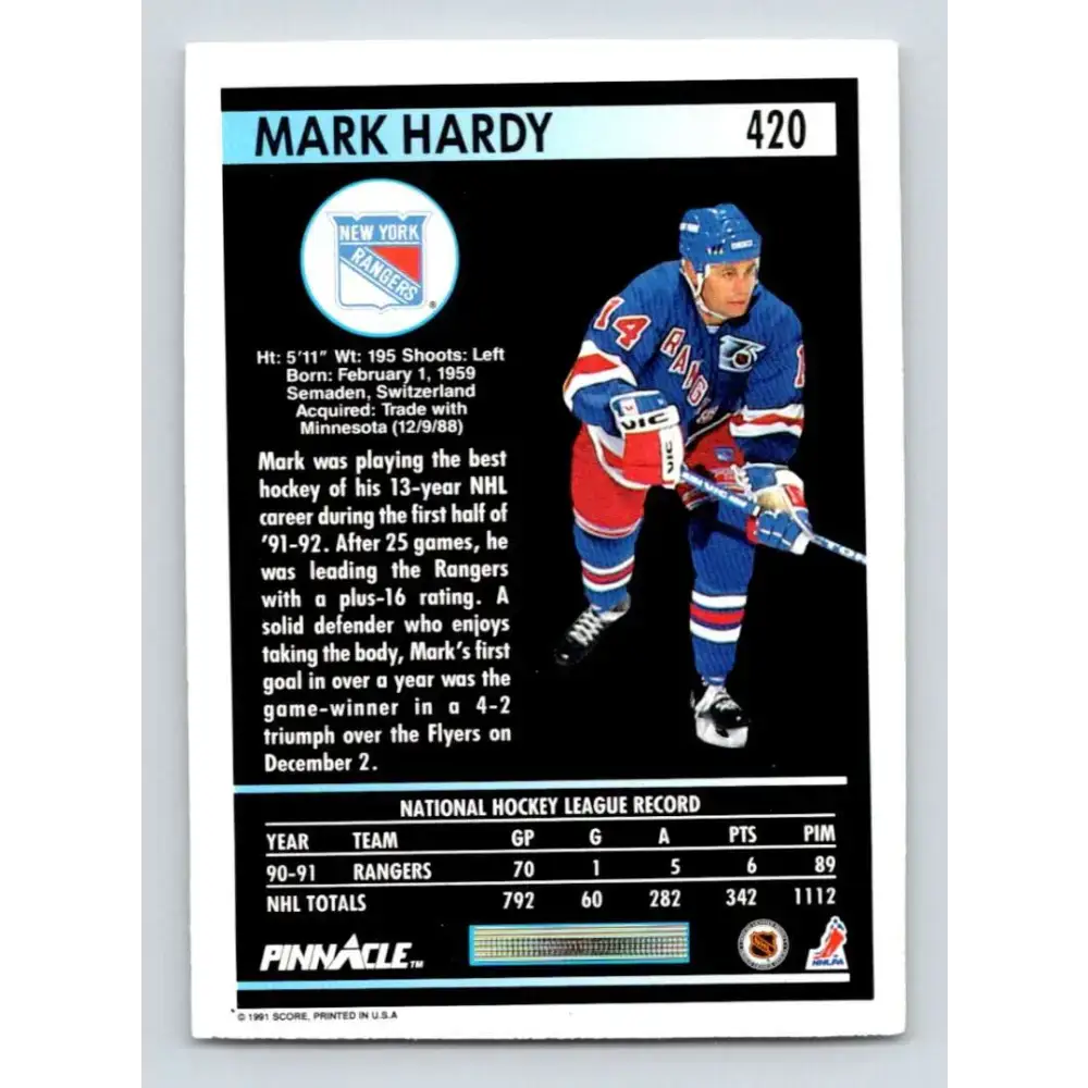 1991-92 Pinnacle #420 Mark Hardy NM-MT New York Rangers Hockey Card - Hockey Card Single