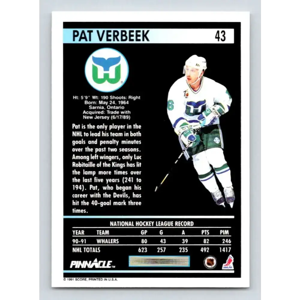 1991-92 Pinnacle #43 Pat Verbeek NM-MT Hartford Whalers Hockey Card - Hockey Card Single
