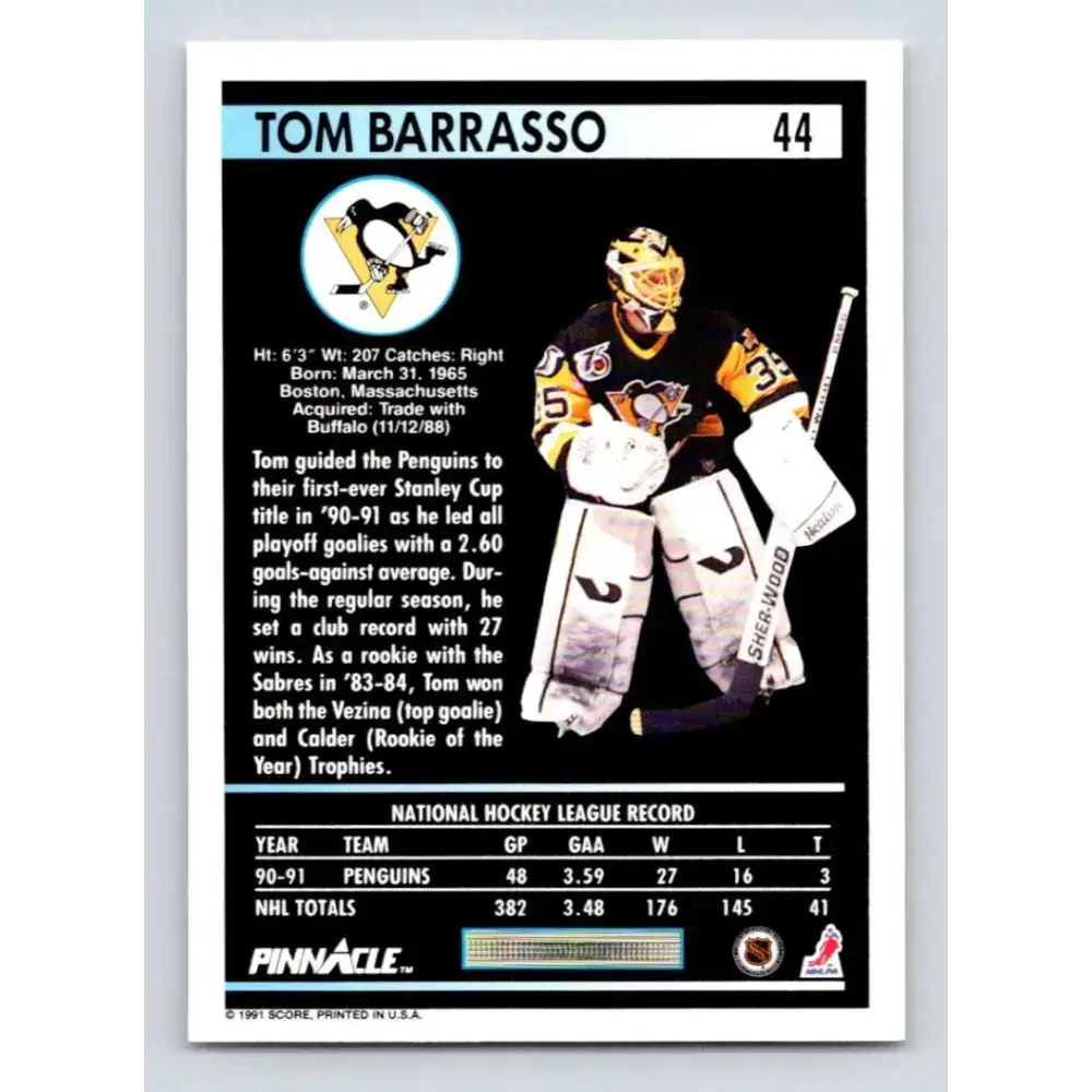 1991-92 Pinnacle #44 Tom Barrasso NM-MT Pittsburgh Penguins Hockey Card - Hockey Card Single
